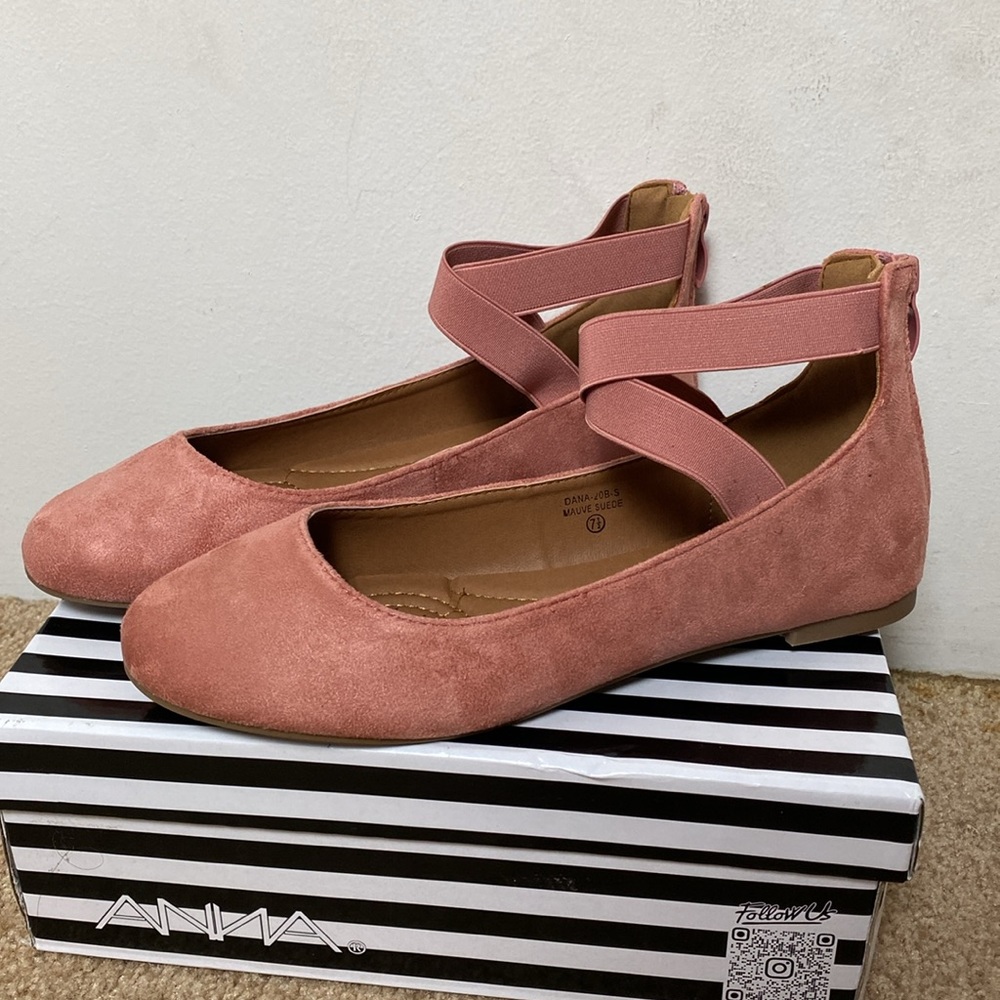ANNA Women’s Dana Closed Toe Ankle Strap Slide Flats, Mauve Suede, NEW Size 7.5